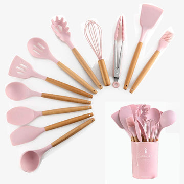 12-piece Silicone Kitchen Utensils Set with Resting Pad- Pink